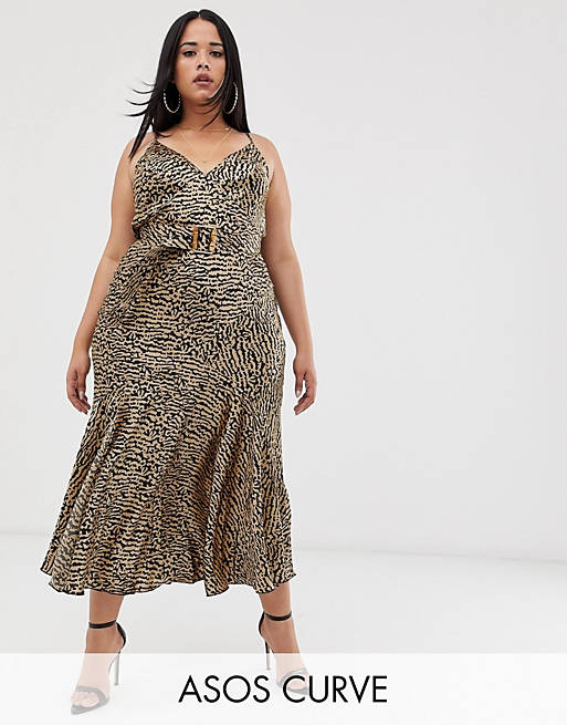 ASOS DESIGN Curve bias cut maxi slip dress in leopard print with bamboo belt
