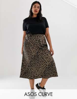 asos design bias cut satin midi skirt in leopard print