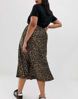 asos design bias cut satin midi skirt in leopard print