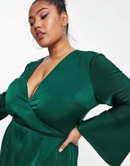 ASOS DESIGN Maternity bias cut satin wrap dress with tie waist & flutter  sleeve in dark green