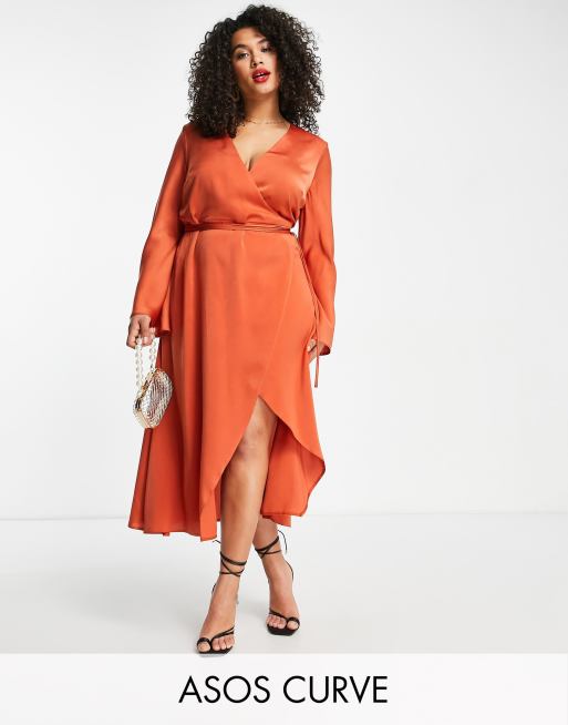 ASOS DESIGN Curve bias cut satin wrap dress with tie waist in ginger | ASOS