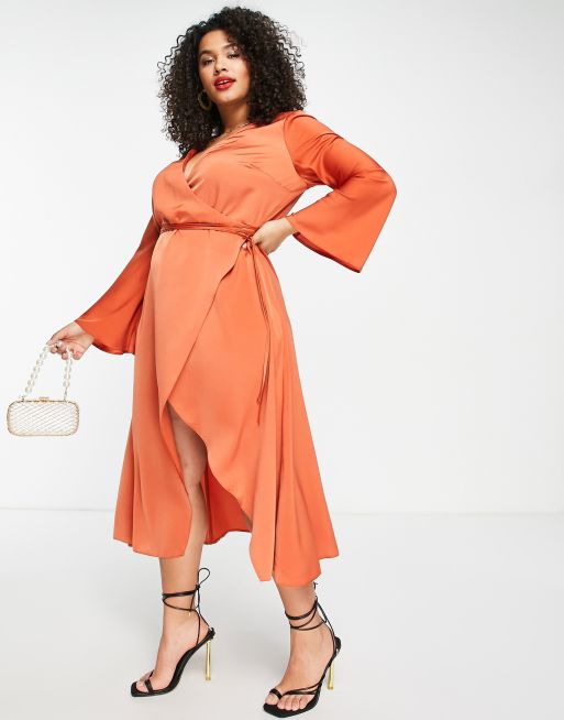 ASOS DESIGN Curve bias cut satin wrap dress with tie waist in ginger