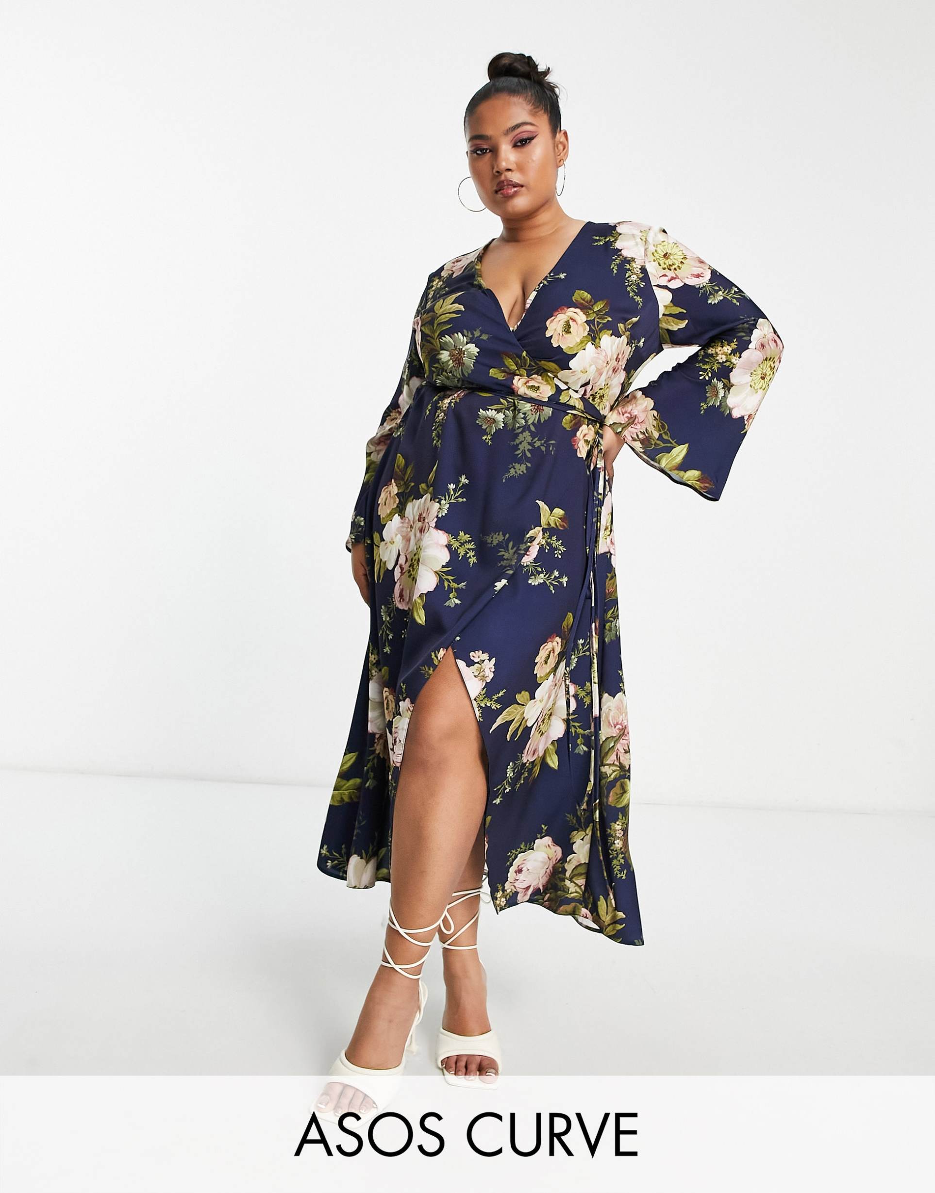 asos design curve bias cut satin wrap dress with tie waist in navy floral print