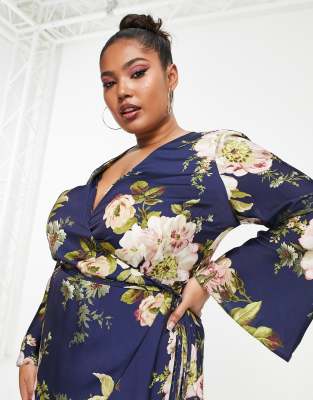 ASOS DESIGN Curve bias cut satin wrap dress with tie waist in navy floral  print | ASOS