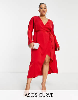 Asos Curve Asos Design Curve Bias Cut Satin Wrap Dress With Tie Waist In Red