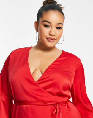 ASOS DESIGN Curve bias cut satin wrap dress with tie waist in red