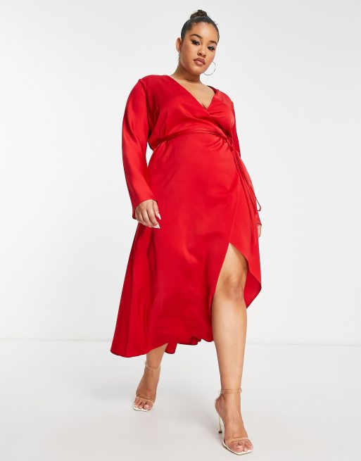 ASOS DESIGN Maternity bias cut satin wrap dress with tie waist & flutter  sleeve in dark green