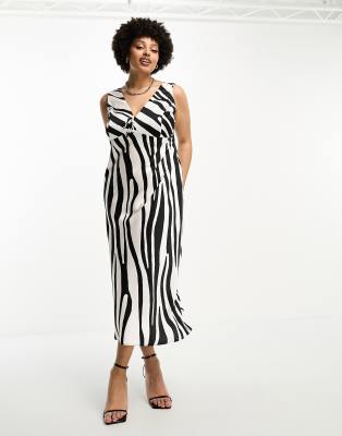 ASOS DESIGN Curve bias satin tie detail midi dress in abstract zebra print-Multi