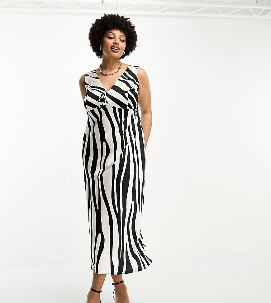 ASOS DESIGN Curve bias satin tie detail midi dress in abstract zebra print-Multi