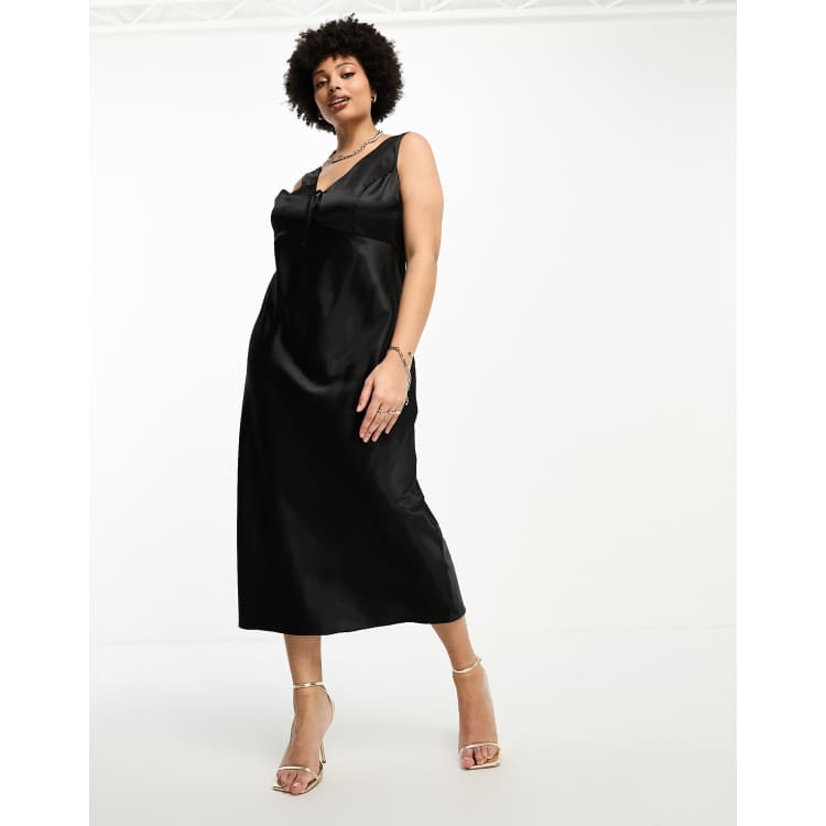ASOS DESIGN Curve bias satin tie detail midi dress in black