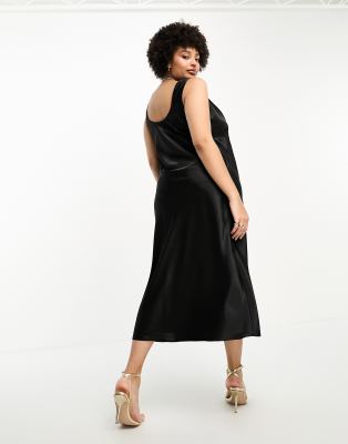 ASOS DESIGN Curve bias satin tie detail midi dress in black