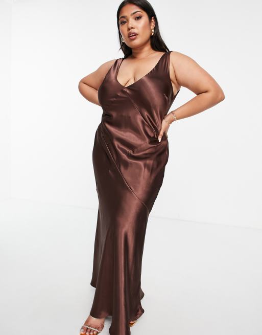 ASOS DESIGN Curve bias slip midi dress in chocolate satin | ASOS