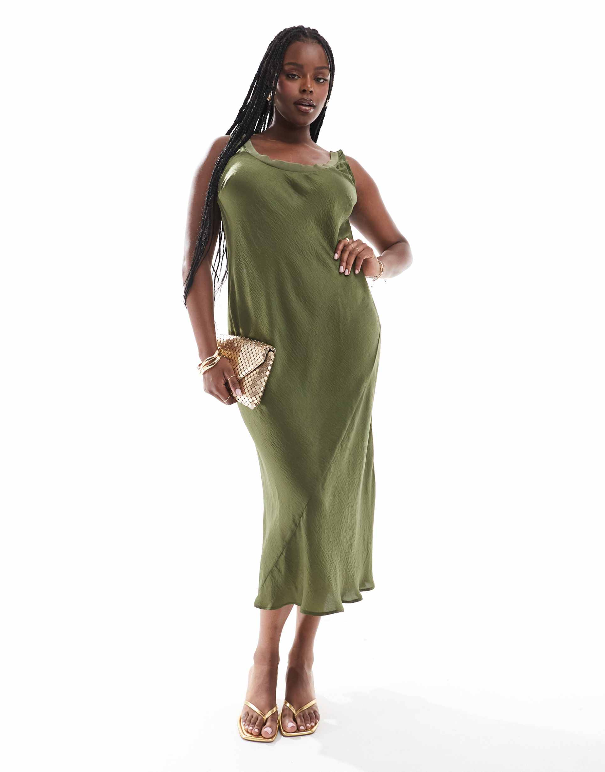 asos design curve bias slip midi dress with rib neck in olive green