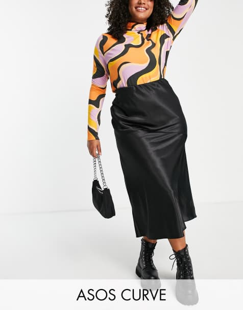 ASOS DESIGN Curve bias slip midi skirt in black satin