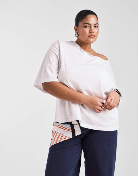 ASOS DESIGN Curve slouchy off shoulder oversized tee in white