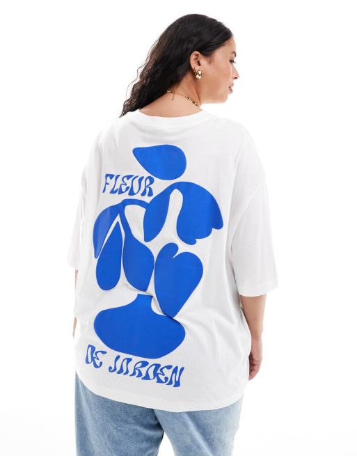 ASOS DESIGN Curve – Biały fakturowany T-shirt o fasonie boyfriend z graficznym napisem „Fleur de Jarden”