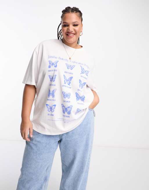 ASOS DESIGN Curve – Biały gruby T-shirt oversize z grafiką z motylami
