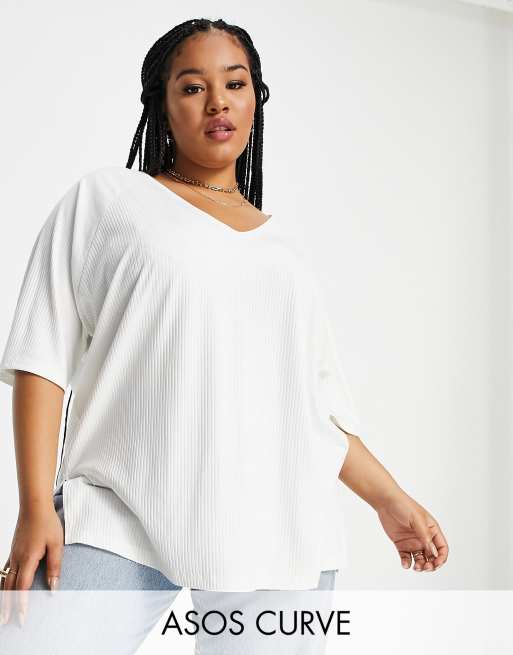 ASOS DESIGN Curve – Biały prążkowany top oversize z dekoltem w kształcie litery V
