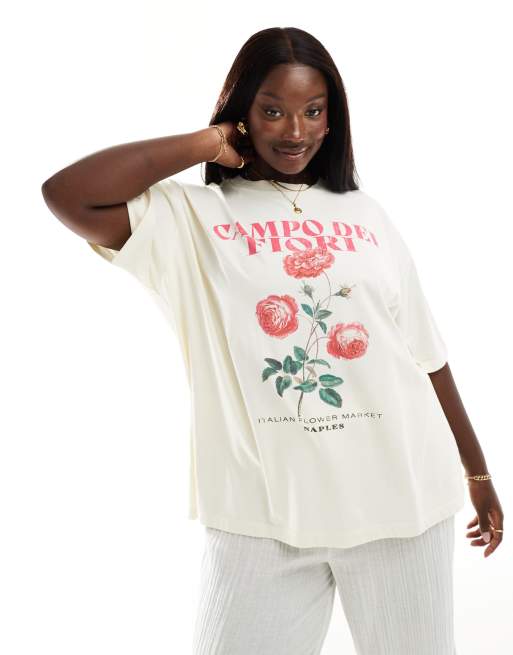ASOS DESIGN Curve – Biały T-shirt oversize z kwiatową grafiką z napisem „Campo Dei Fiori”