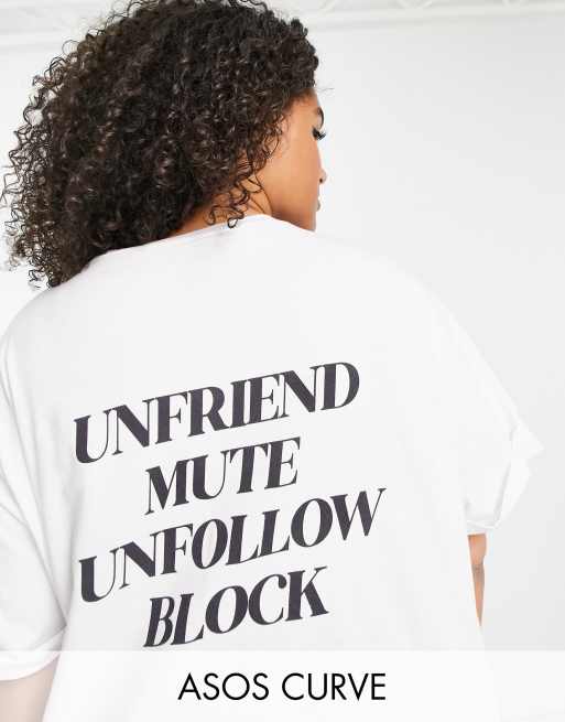 ASOS DESIGN Curve – Biały T-shirt oversize z napisem „Unfriend Mute Unfollow Delete”