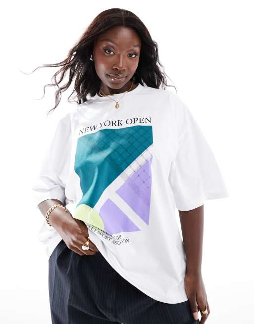 ASOS DESIGN Curve – Biały T-shirt oversize z tenisową grafiką „New York Open”