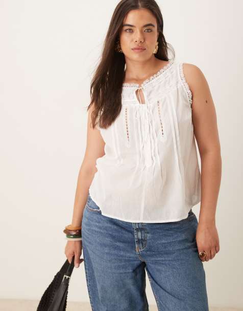 ASOS DESIGN Curve sleeveless lace trim top with ribbon tie detail in white