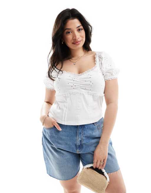 ASOS DESIGN Curve – Biały top w stylu milkmaid z bufkami i haftem angielskim