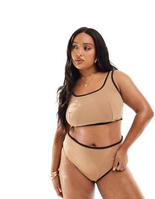 ASOS DESIGN Curve - Bikinihose in der Farbe Mochaccino mit hohem Beinausschnitt und Bund sowie kontrastierender Einfassu...