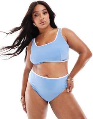 ASOS DESIGN Curve - Bikinihose in Staubblau mit hohem Beinausschnitt, hohem Bund und farblich abgesetzter Einfassung