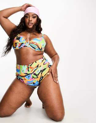 ASOS DESIGN Curve - Bikinihose mit hoher Taille und abstraktem Muster-Bunt