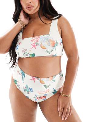Thumbnail - ASOS DESIGN Curve - Bikinihose mit Postkarten-Print, hohem Beinausschnitt und hohem Bund-Bunt