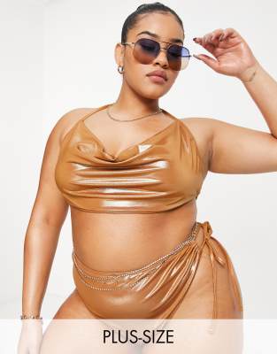 ASOS DESIGN Curve - Bikinioberteil in Bronze mit Wasserfallausschnitt-Kupfer