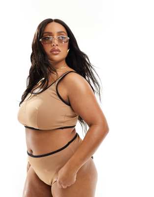 ASOS DESIGN Curve - Bikinioberteil in Mochaccino mit kontrastierender Einfassung-Braun