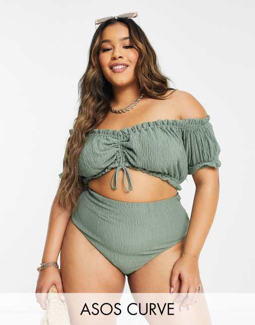 ASOS DESIGN Curve - Bikinitop in melkmeisjesstijl met textuur in kaki