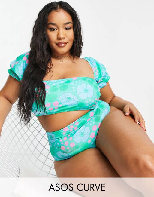 ASOS DESIGN Curve - Bikinitop met pofmouwen en retro bloemenprint