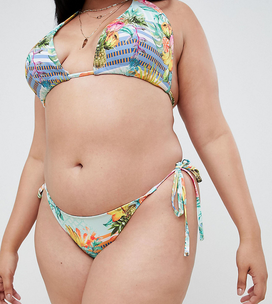 ASOS DESIGN – Curve – Bikiniunderdel med knytband i sidan och kubansk randning-Flerfärgad
