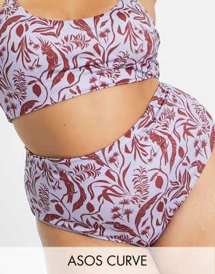 ASOS DESIGN Curve - Bikiniunterteil mit hohem Bund und Dschungel-Print-Bunt