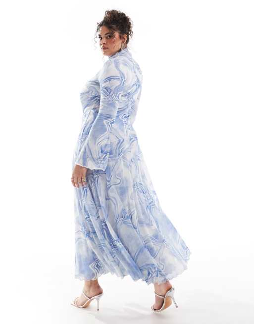 ASOS DESIGN Curve - Blå A-formet maxikjole med høj hals, lange ærmer og abtrakt print i mesh, 4 af 4