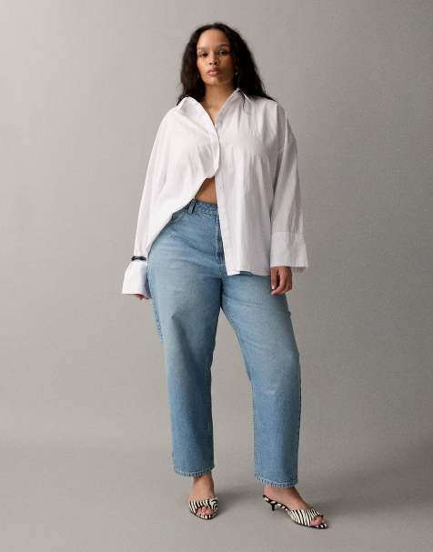 ASOS DESIGN Curve - Blå afslappede mom-jeans med høj talje - view 1