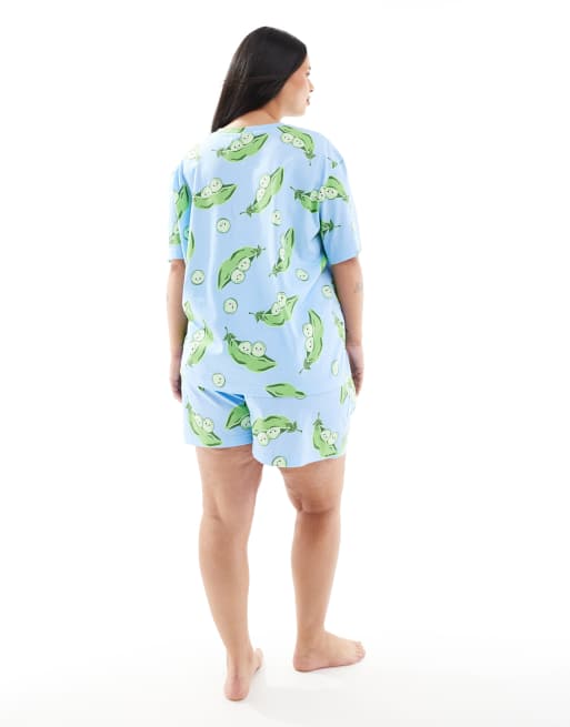 ASOS DESIGN Curve – Blå, ärtmönstrad pyjamas med oversize t-shirt och shorts, 3 av 4