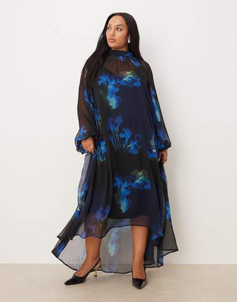 ASOS DESIGN Curve – Blå, blommig smockklänning i maxilängd med knytning i halsen och ojämn fåll - view 1