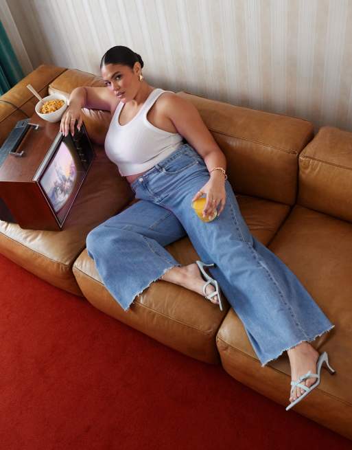 ASOS DESIGN Curve - Blå enkle højtaljede jeans med brede ben og justerbar talje 