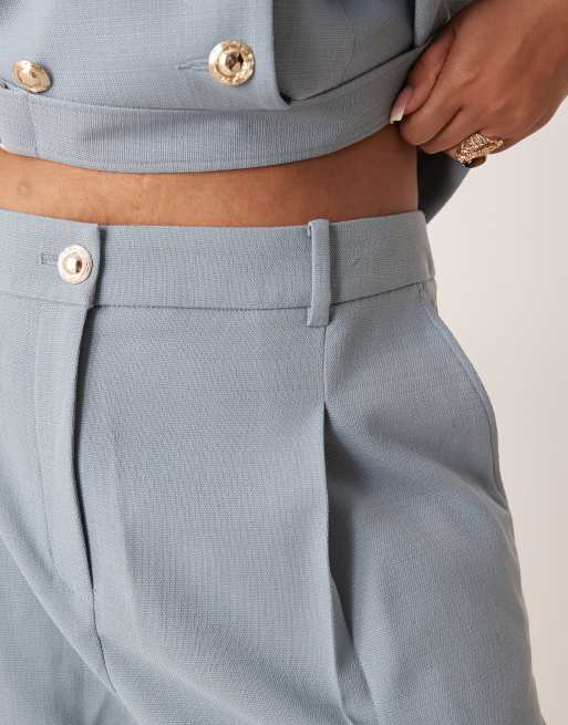 ASOS DESIGN Curve – Blå, figursydda byxor i linnelook med guldfärgade knappar, del av set, 3 av 5