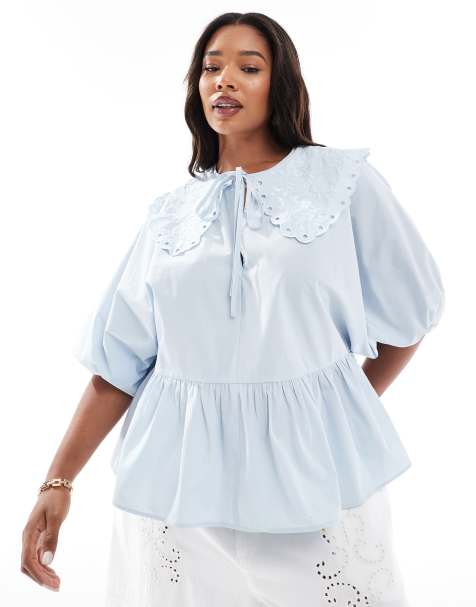 ASOS DESIGN Curve – Blå, kortärmad smocktopp med krage i broderie anglaise - view 1