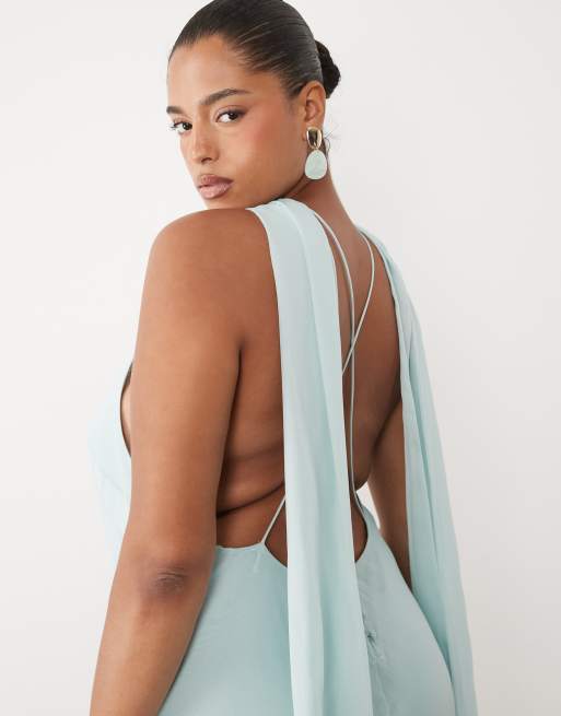 ASOS DESIGN Curve - Blå maxikjole med halterneck, tørklædedetalje og flæsekant, 4 af 4