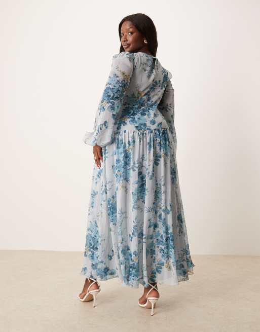 ASOS DESIGN Curve - Blå maxikjole med løbebåndsdetaljer og blomstermønster i dobby-materiale, 3 af 4