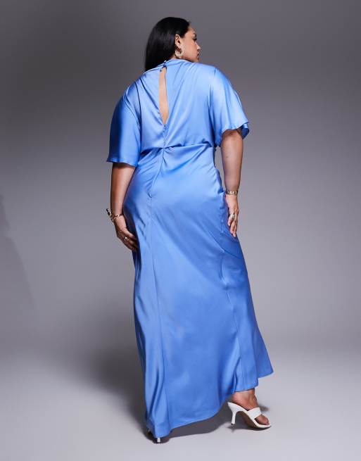 ASOS DESIGN Curve – Blå maxiklänning i satin med blusdesign, hög krage och utsvängda ärmar, 3 av 4