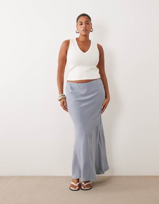 ASOS DESIGN Curve - Blå midaxi-nederdel med skråsnit i hørlook, 2 af 5