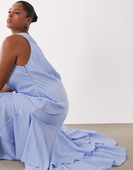 ASOS DESIGN Curve – Blå midaxiklänning med sänkt axelsöm och asymmetrisk, klockad kjol, 3 av 4