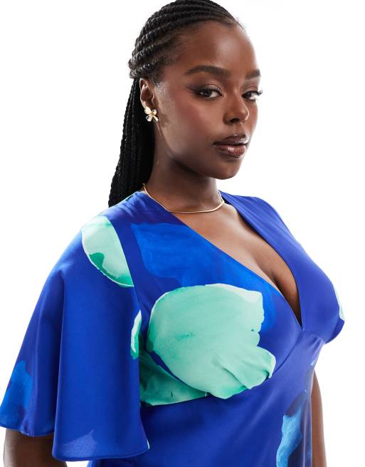 ASOS DESIGN Curve - Blå midikjole med flagrende ærmer og blomstermønster i satin, 2 af 4
